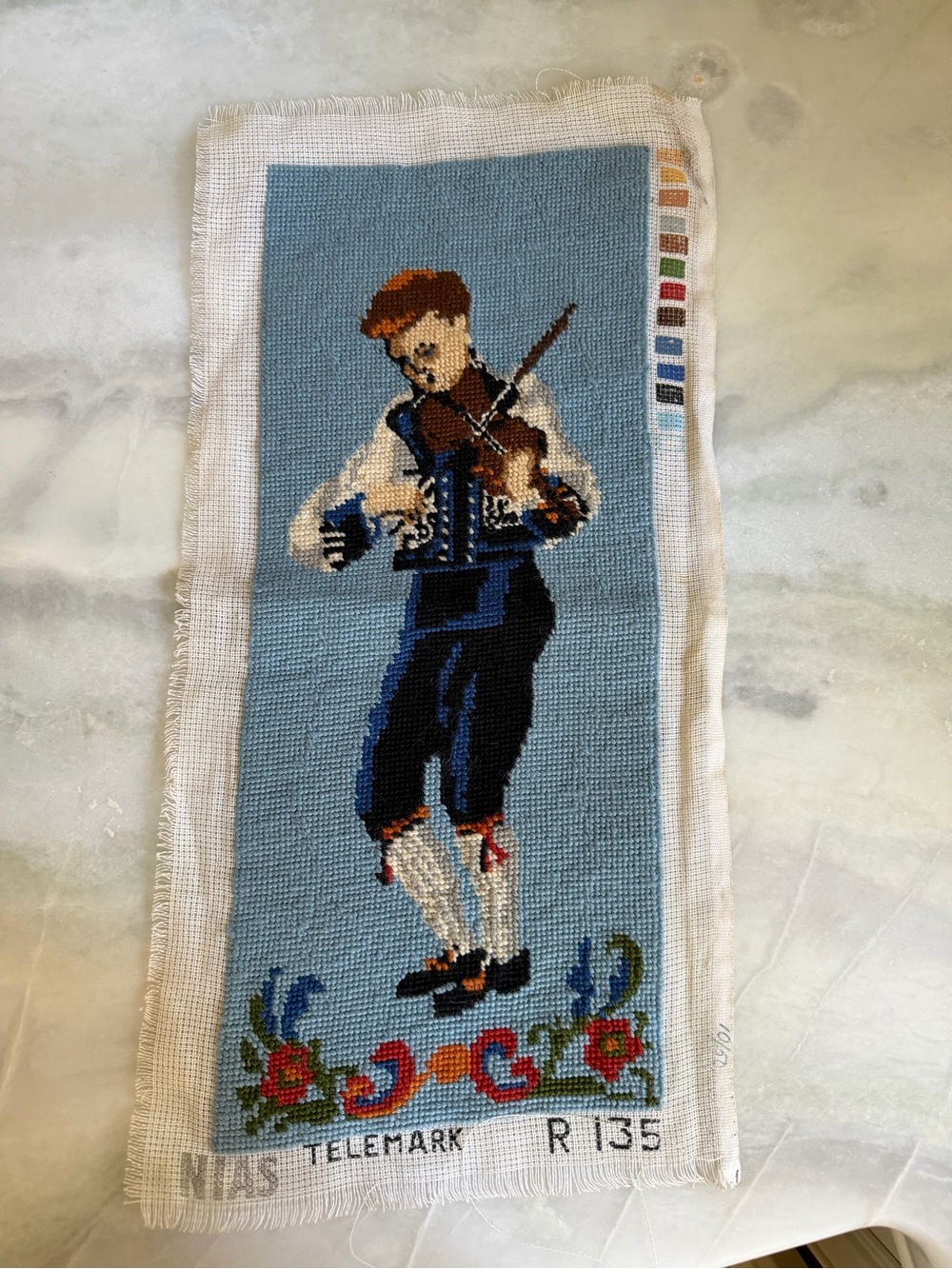 Blue Folk Musician Needlepoint Wall Hanging